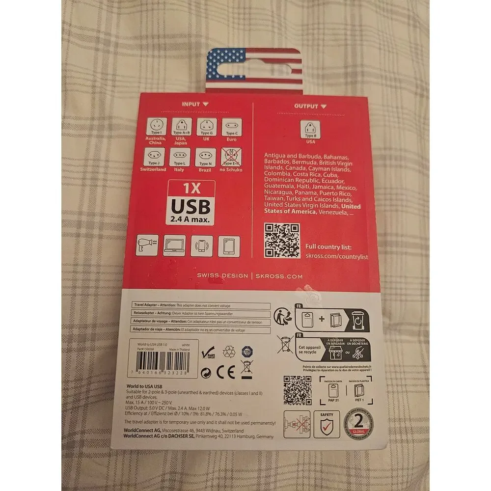 NEW Skross World to USA Travel Adapter USB Charger, White